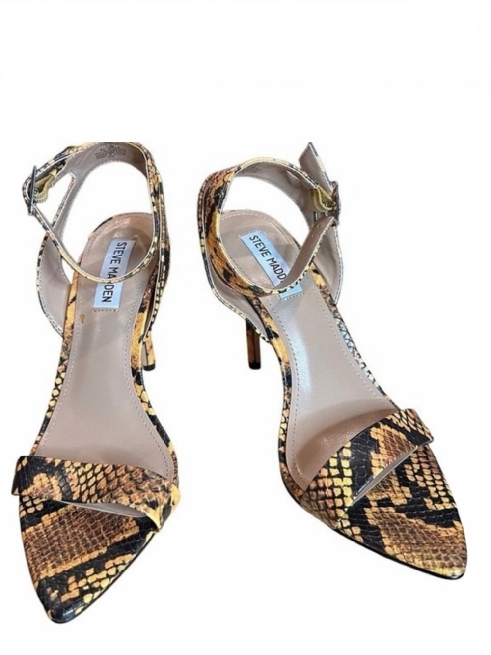 Steve Madden Fuel sandal 4" heels pointed toe snakeskin yellow black size 7.5